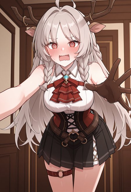 highres, best quality, masterpiece, indoors,
1girl, solo, pcrlsmr, long hair, grey hair, brown hair, twin braids, red eyes, deer ears, antlers, horn ring, ahoge,
plsmdef, sleeveless, bare shoulders, white shirt, collared shirt, red ascot, frilled ascot, black corset, red corset, brown gloves, black skirt, pleated skirt, belt, thigh strap,
blush, embarrassed, wavy mouth, open mouth, @_@, white pupils,
standing, leaning forward, outstretched arm, open hand, looking at viewer, 
<lora:_louise_marie_pcr-elesico-ilxlA:1>