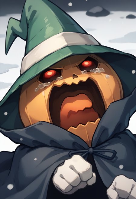 score_9, score_8_up, score_7_up, source_anime, upper body, <lora:concept_aquascreaming_ponyXL:1> aquascreaming, screaming, open mouth, crying with eyes open, <lora:PyroJackSMT-pdxl:1> pjSMT, pokemon \(creature\), no humans, red eyes, witch hat, green headwear, cloak, cape, white gloves, snow