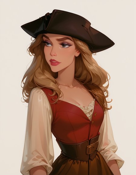 <lora:Disney_Style:.9> <lora:princess_xl_v2:.75> <lora:add-detail-xl:.9> <lora:g0th1cPXL:.3> <lora:Cherry-Gig:.45> <lora:Expressive_H:1> <lora:PLASTT_PonyV6:1> <lora:Elizabeth_Swann_ZairaSass_v1:1> score_9, score_8_up, score_7_up, zPDXL, DisneyRenstyle, score_9,score_8_up,score_7_up,score_6_up, 
(white background, plain background, ambient light), (standing, 3/4 view), 
1girl, solo, sexy 18 year old, british girl, (Elizabeth Swann, Pirate Disguise), perfect face, beautiful face, defined cheekbones, defined jawline, light brown hair, thick hair, thick dark eyebrows, dark brown eyes, dark lashes, thin lips, nude colored lips,  
confident expression, narrow eyes, one hand on hip, perfect hands, 5 fingers, slender waist, tall, slender, sexy, 
black tricorne hat, white sleeves, white tunic, red vest, red waistcoat, brown trousers, shoulder strap belt,