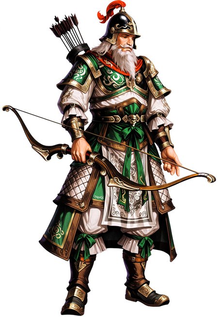 masterpiece, very aesthetic, newest, high score, best quality, absurdres,  End_Dynasty_Warriors_4, white hair, male focus, arrow (projectile), bow (weapon), helmet, armor, white background, full body, 1boy, simple background, standing, solo, long sleeves, mustache, boots, facial hair, weapon, holding weapon, beard, quiver, holding