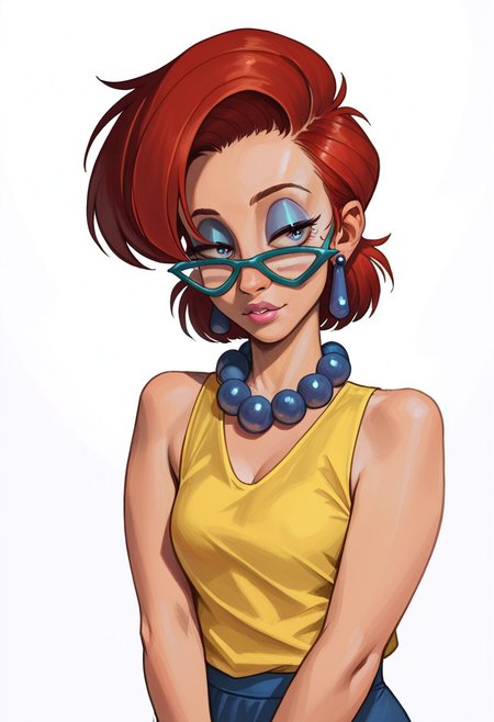 (score_9, score_8_up, score_7_up, highest_quality, incredibly_absurdres, intricate_detail, crisp_image, sharp_image, realistic, masterpiece), 1girl, solo, short_red_hair, quiff_hairstyle, glasses, retro_glasses, blue_oversized_necklace, earrings, eyeshadow, pink_lipstick, halfclosed_eyes, yellow_vest, blue_pencil_skirt, parted_lips, horny, coy, folded_arms, simple_background natural_light, realistic_sunlight, candid, perfect_composition, cowboy_shot, SWMS,