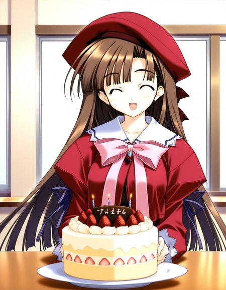 general,highres, ultra-detailed,very aesthetic,best quality ,best hands,  BREAK <lora:Mikage_Subaru_IS:1> Mikage_Subaru, 1girl,solo, brown hair, brown eyes, very long hair, bangs, medium breasts,
food, solo, hat, fruit, closed eyes, beret, bow, pink bow, smile, open mouth, ribbon, long sleeves,
cake, giant cake, food, table,