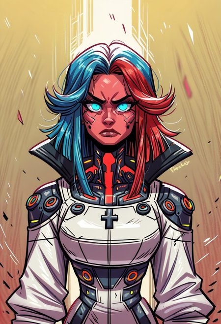 <lora:OC_Rae_Character_LoRA_PonyXL:1>
score_9, score_8_up, score_7_up, score_6_up, 1girl, BREAK,
 Ra3lyn,  Cyberpunk Style, masterpiece, best quality, good quality, very aesthetic, absurdres, newest, 8K, depth of field, half-face demon, focused subject, portrait, dynamic angle, action shot, 1girl, solo, medium hair, split hair, split-color hair, two tone hair, blue hair, red hair, (low-tied_long_hair), front locks, twin locks, front locks, white clothing, looking at viewer, fierce look, organic, the cyborg is very sinister and dangerous, cross_draw, glowing katana, thermal katana, sword_draw, iaido, one_hand_on_sheath, unsheathing, duality, light and shadow, dark and bright
in the style of cksc, zPDXL <lora:PonyXL_Teelokay_Style_LoRA:0.8>