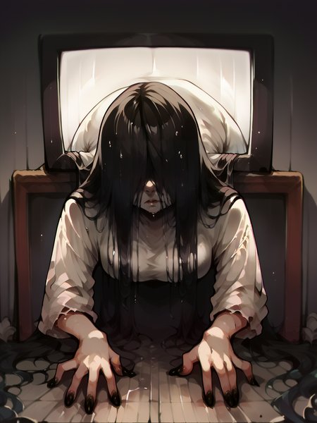 score_9, score_8_up, score_7_up, score_6_up, score_5_up, through screen, 1girl, long hair, black hair, hair over eyes, black nails, static, television, wet floor,  <lora:throughscreenXLP:1>