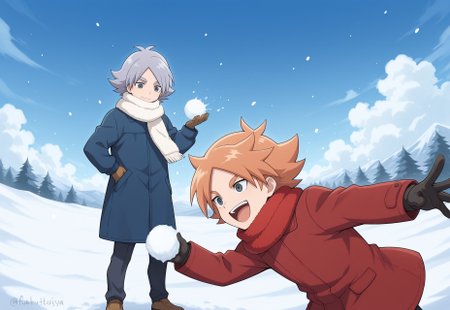 masterpiece,best quality,amazing quality, source_anime, 
2boys, brothers, snowball fight, happy, laugh,
winter clothes, gloves,


FubukiAtsuya, 1boy, male focus, grey eyes, orange hair, red coat, white scarf, BREAK

fubukishirou, 1boy, male focus, grey hair, parted bangs, grey eyes, blue coat, red scarf, BREAK

outdoor, sky, day, clouds, snow,