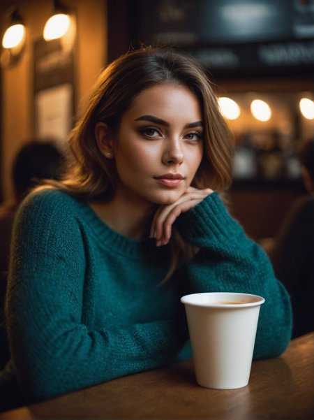 A dynamic cinematic photograph of Andrea_Michaels_P_MXAI_SDXL , wearing a cozy sweater, sitting in a cafe, holding a cup of steaming tea, flirty expression,, SK_CINEMATIC, ziprealism