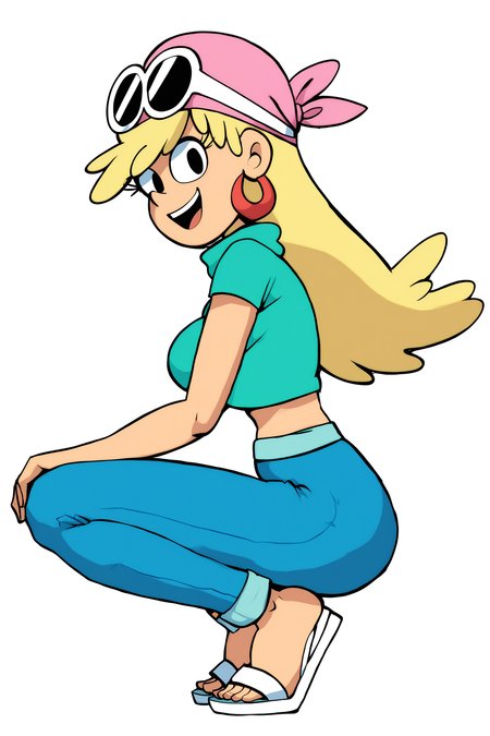 score_9, score_8_up,score_7_up, score_6_up, score_5_up, source_cartoon, (Cartoon:1.0), <lora:add_details_xl:1>
BREAK
<lora:Leni_Loud_XL-03:1>, Leni Loud, 1girl, solo, blonde hair, long hair, pink bandana, bandana on head, bangs, sunglasses, white-framed eyewear, sunglasses on head, black eyes, cartoon eyes, smile, open mouth, jewelry, red hoop earrings, (looking at viewer:1.5), (side view:1.5),
BREAK
full body, hands on own knees, breasts, busty, green turtleneck shirt, crop top, cropped shirt, short sleeves, midriff, denim, jeans, blue pants, white sandals, thighs, thigh gap, wide hips,  (squatting:1.3),
BREAK
simple background, white background, <lora:AfrobullPDXLresize:2>, afrobullstyle