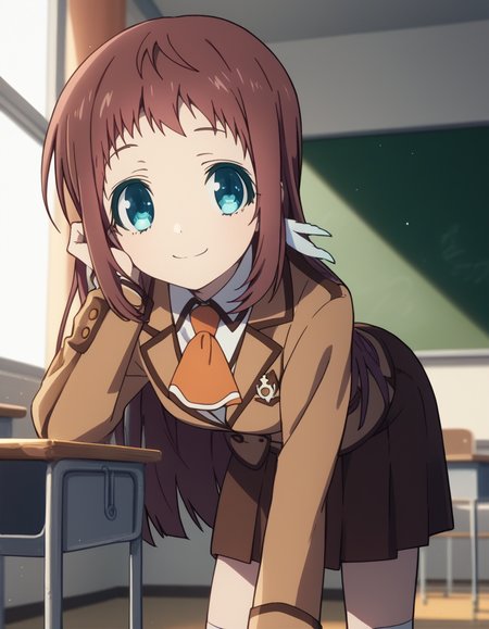 score_9, score_8_up, score_7_up, source_anime,
manakamukaido, <lora:manaka-mukaido-s1-ponyxl-lora-nochekaiser:1>,
manaka mukaido, long hair, blue eyes, brown hair,
skirt, school uniform, socks, blazer, neckerchief, long sleeves, brown skirt, brown blazer,
indoors, classroom, bent over, smile,
looking at viewer, cowboy shot, dutch angle, solo,