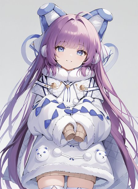 <lora:tashkent_xl_v1.1-000010:1>,tashkent,purple hair,blue eyes,
brown sweater,white coat,fur trim,winter clothes,thigh boots,sleeves past fingers,hair ornament,fake animal ears,
smile,closed mouth,
upper body,
white background,