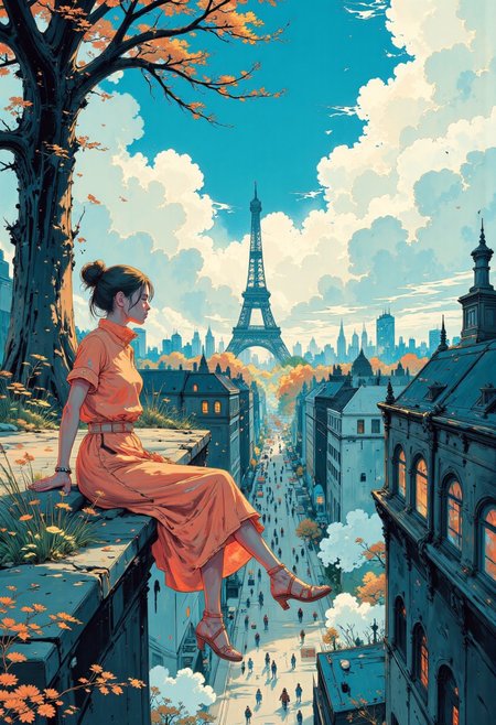 A dynamic anime-style illustration of a glamour woman sitting on the edge of a building in paris, overlooking the eiffel tower, high above the city. She has her legs stretched forward with her hands gently resting on her knees, her upper body leaning slightly forward. her cat rests next to her on the ledge. She wears a bright pink dress,  and vibrant pink sandals with white soles. Her golden blonde hair flows naturally in the breeze.
The background features a vivid urban parisian cityscape , with detailed buildings, small cars, and bustling streets far below. The perspective emphasizes depth and height, creating a thrilling and adventurous atmosphere. The color scheme is dominated by bright blue and pink tones, with orange and green elements.
The sunlight casts soft, warm shadows, enhancing the vibrant and energetic mood. The overall composition is dynamic and asymmetrical, with a strong sense of scale and movement in the scene.
<lora:Anime v1.3:1.2> <lora:Blue_Future:0.9>, painted world