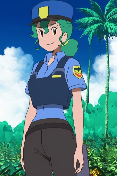 score_9, score_8_up, score_8, medium breasts, (curvy), cute, eyelashes,       ,,, ,  zzJenny, brown eyes, hair between eyes, green hair, long hair, ponytail, short hair, police uniform, policewoman, shirt, police hat, blue shirt, collared shirt, black pants,  <lora:JennySunMoonPDXL:1>, , BREAK, smile, looking at viewer, cowboy shot, ,,, outdoors, sky, day, cloud, tree, blue sky, sunny,  ,,, Expressiveh, ,,, <lora:Alola_Style_PDXL:0.8>, <lora:Expressive_H-000001:0.4>,