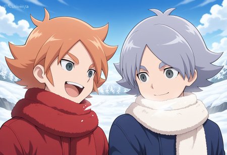 masterpiece,best quality,amazing quality, source_anime, 
2boys, brothers, snowball fight, happy, laugh,
winter clothes, 
FubukiAtsuya, 1boy, male focus, grey eyes, orange hair, red coat, white scarf, BREAK
fubukishirou, 1boy, male focus, grey hair, parted bangs, grey eyes, blue coat, red scarf, BREAK
outdoor, sky, day, clouds, snow,