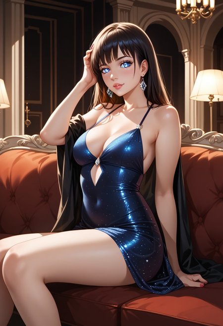 score_9, score_8_up, score_7_up, highly detailed,a young woman, pose sitting,  sidelay, black evening dress, hand on head, on a couch in a mansion living room at night,  pillow, realistic, photo-realistic, ultra-detailed, detailed pupils, detailed eyes, detailed lips, beautiful dynamic dramatic dark moody lighting, shadows, cinematic atmosphere, concept design art, octane render