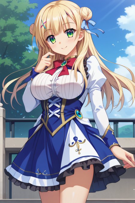 score_9, score_8_up, score_7_up, source_anime, rating_safe, intricate details, anime screencap, official style, 1girl, solo, <lora:Sylvia_le_Cruzcrown:1>, sylvia, blonde hair, long hair, green eyes, double bun, odango hair, hairclip, blue_hair_ribbon, single ribbon, large breasts, red_bowtie, juliet sleeves, white long sleeves, blue skirt, black frills, thighs, looking at viewer, smile, outdoor, cowboy shot