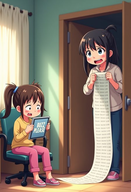 A anime style image of an ashamed young girl in her bedroom, sitting on a chair at a desk, holding up a tablet that reads "BUZZ PLEASE". Her mother is upset standing at her bedroom door. She is yelling at her and holding a receipt that reads "FLUX' hundreds of times all the way down. The receipt is comically long, it reaches all the way down to the floor.