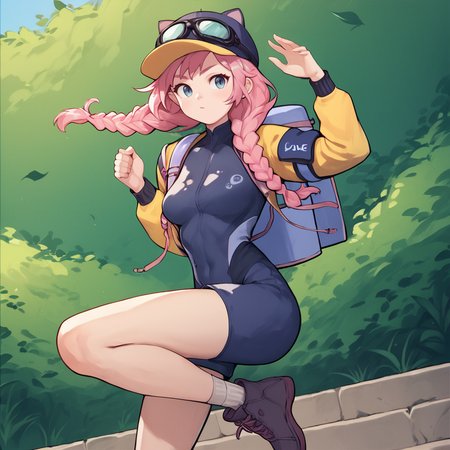 1girl, dynamic pose, suggestive pose, jacket, twin braids, hat, shorts, bodysuit, backpack, yellow sleeves, <lora:SteamDeliveryGirl:1>,  score_7_up, score_6_up, score_5_up, score_8_up, score_9, outdoors