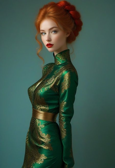 bellissima, 30 years old female as goddess of fire (slender, athletic), skin tight Green-red intricate brocade gown with a deep cleavage, golden bangles, a lot of loose golden anklets, (extreme intricate high heels), looking at viewer, open mouth, blue eyes, ginger long bun hair, teeth, lips, long black eyelashes, realistic, small nose, vibrant colors, erotic dynamic pose, full body view, RAW Photo, fashion magazine shot,