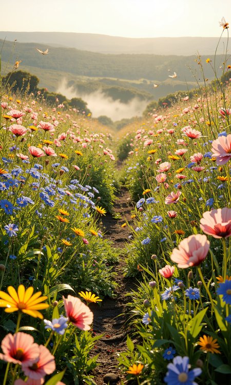 Expansive meadow alive with vibrant wildflowers in full bloom, creating a symphony of color under a warm, golden hour sunlight. Delicate pink poppies, vivid blue cornflowers, and radiant yellow daisies intermingle with lush green grasses, swaying gently in a light breeze. Morning dew sparkles on leaves, catching the soft, ambient light. A gentle mist lingers at the meadow's edge, enhancing the ethereal quality of the scene. Small butterflies and dragonflies flit among the flowers, their delicate wings catching rays of light. The distant hills are cloaked in a warm glow, providing a harmonious backdrop to the floral abundance. A finely textured path weaves through the field, inviting peaceful exploration. Rendered in 8k, capturing intricate details, with atmospheric light softening shadows and creating serene ambiance. Masterful composition, showcasing nature's tranquility and beauty. <lora:Hand v2:0.4> <lora:CPA:0.6> <lora:flux.1_lora_flyway_Epic-detail_v2:0.8> <lora:Comic book V2:0.5> <lora:flux_dev:1>