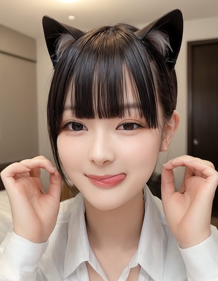 score_9, score_8_up, score_7_up,
(Composition from the waist up:1.3),
Beautiful Japanese Girl, Bobcut with bangs, Puffy face,
Wink, close one eye, Looking At Viewer, Cat pose, cat ears,
It's a subtle and flirtatious expression,
White collared blouse, Belly button, Illuminated hotel room, 
sticking out side tongue,
 peromilk, <lora:peromilk:1>