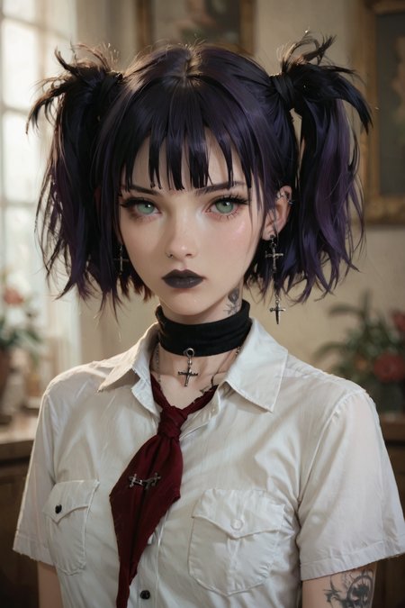 score_9, score_8_up, score_7_up, score_6_up, gthan, Gothic, goth, 1girl, lena, solo, short hair, purple hair, jewelry, looking at viewer, necklace, cross, portrait, bangs, green eyes, closed mouth, black lips, turtleneck, blurry background, white shirt, collared shirt, short sleeves, breast pockets, red neckerchief, lips, piercing, tattoos, blurry, twintails, short twintails, two side up, eyelashes, (little statute:1.5), (petite:1.4), (small proportion:1.3), <lora:GTHAN:0.6>, <lora:Lena:0.55>, <lora:Goth_character:0.4>