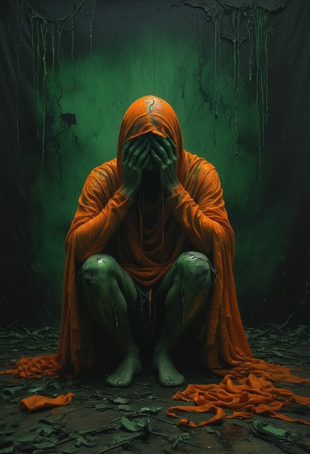 A (((dark orange and distressed mind))), overflowing with sorrow and anguish, yet clinging to the remnants of hope amidst the desolation. The scene is a haunting tapestry of emotions, evoking a sense of green melancholy and introspection that invites the viewer to contemplate the mental health of the person who bothers