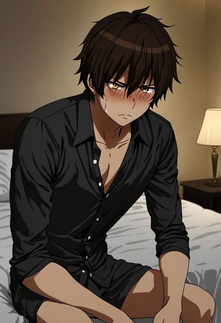 Highres, Masterpiece, High Quality, 4K, 8K, solo, 1Boy, Seiya Kanie, short dark brown hair, golden eyes, hotel room, venting, dim weather, awkward feeling, sitting, weak, facing viewer, tears, omplicated, anxious, empty alcohol bottle, self torture, alone, lost, hopeless, hearthless, helpless, easynegative, detailed_eye_model