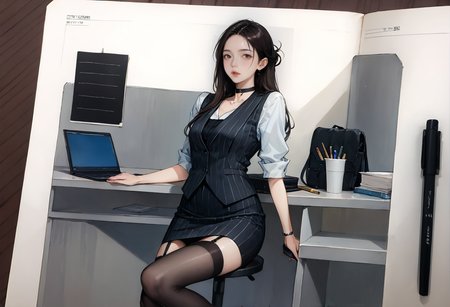 ,ruanyi1353,traditional media,paper,art tools in frame,notebook,full body,,ruanyi1302,vest,black thighhighs,choker,office lady,striped clothes,pencil skirt,garter straps,<lora:1353 hand drawn style_v1_pony:1>,<lora:1302 office lady_v1_pony:1>, score_9,score_8_up,score_7_up,,8k,1girl,solo,,