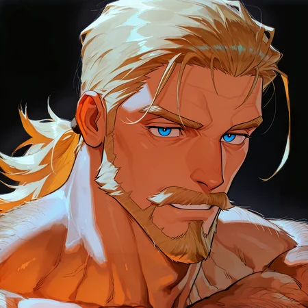 <lora:Angriff_Dahlmann__Atelier-000002:.7> ((Angriff Dahlmann, Blonde hair, blue eyes, mustache,)), 
upper body, face focus,
 (very short hair), male focus, muscular male, muscular male, bara, mature, (hairy body, hairy, body hair, glossy skin, bara, mature, facial hair, beard, full beard, sideburn, mustache, stubble), facial hair, bara, mature, body hair, aixiwuganda_(20222192), very awa, masterpiece, best quality, absurdres, newest, perfect quality, detailed background, intricate details,<lora:slider_Body Type_alpha1.0_rank4_noxattn_last:2><lora:Anime Summer Days 2 Style SDXL_LoRA_Pony Diffusion V6 XL:.6><lora:merged:.7>, DARK, DARK BACKGROUND, LOW-KEY LIGHTING <lora:slider_cfg_scale_boost:.7><lora:Artist6p:.55>, Artist6p, Artist04p,<lora:slider_il_brightness_slider_d1:-1><lora:slider_il_contrast_slider_d1:-.25>,<lora:slider_contract_controller_illus01_v1:.3>, <lora:addon_illustriousXLv01_stabilizer_v1.121:.5>,<lora:slider_DarkSlider1.2_alpha1.0_rank16_full_300steps:-.3>