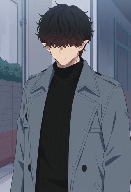 masterpiece,best quality,amazing quality, source_anime, 
Warumonosan, 1boy, male focus, solo, pointy ears, hair over eyes, brown hair, sweater, black sweater, turtleneck, coat, grey coat, open coat,
outdoor,