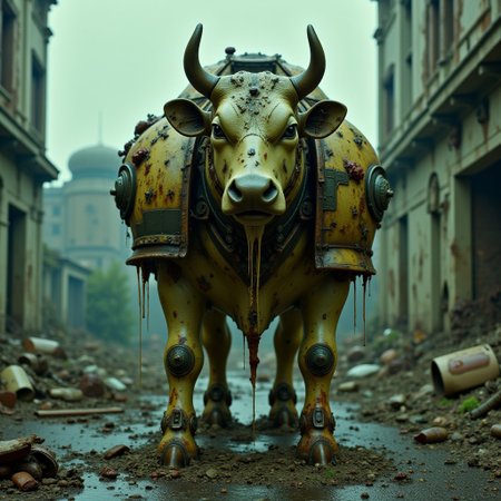 a photorealistic depiction of a sculpture of a cow touched by Nurgle, the cow sculpture is altered to look decaying and rotten. It wears tattered and rusted pieces of armor and shoulder-pads in the style of Warhammer Space Marines. Its mouth hangs open slack-jawed with a dark empty look in its eyes. It stands on nothing among the junk and rubble.
The scene is a grim depiction of a ruined wasteland of a city far into the future, the overall color scheme of the image is bleak with a slight green misty theme. The sky is dark and overcast, further enhancing the eerie atmosphere. The textures of the worn and ruined surrounding buildings are intricately detailed, the architecture is rendered with high detail