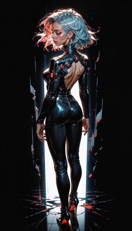 score_9, score_8_up, score_7_up, score_6_up, score_5_up, score_4_up,  source_anime, Best quality, Depth of field, Back view, blue and white color theme, anime style, Beautiful face and skin, Single woman, Cyberpunk city, standing, From above, Short hair, Closed mouth, Glossy lips, Shiny eyes, Slanted eyes, leather suit, High heels, Model pose, Dynamic pose, Hands behind body, Simple background, Neon lights, Backlit lens flare  <lora:Expressive_H-000001:0.6>, expressiveH    <lora:g0th1cPXL:0.4> <lora:incase_style_v3-1_ponyxl_ilff:0.3>    <lora:sinfully_stylish_SDXL:0.4>
