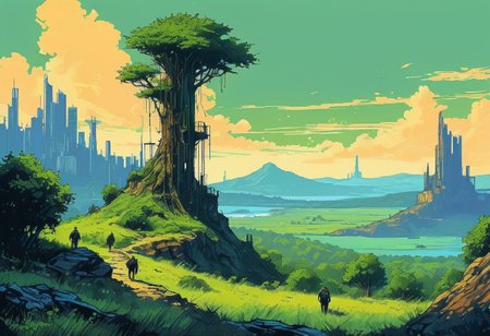 <lora:kallmekris:0.5> kallmekris mixed with <lora:esme_sdxl:0.5>1 man, a lone ranger, walking through a lush valley, A journey, in a post-apocalyptic city, orange city, sand area, with overgrown buildings, nature reclaiming the urban landscape , post apocalypse, archeology, treasure hunt, ancient ruins, stone, , rocks, a cascading waterfall in the background. towering ancient trees, creepers, glowing plants, blue glowing lights, neon, neon light, and a distant light guiding the way, blue sky, green environment cinematic, epic, digital painting, colorful, green, blue, dark colors, details, adventure, oil painting, palette knife soft brushstrokes, heavy strokes, dripping paint, art station on trend, sharp focus, intricate details, highly detailed ,art by enki bilal, art by philippe druillet, art by moebius, inspired by french comics art ,art by Jakub Rozalski,