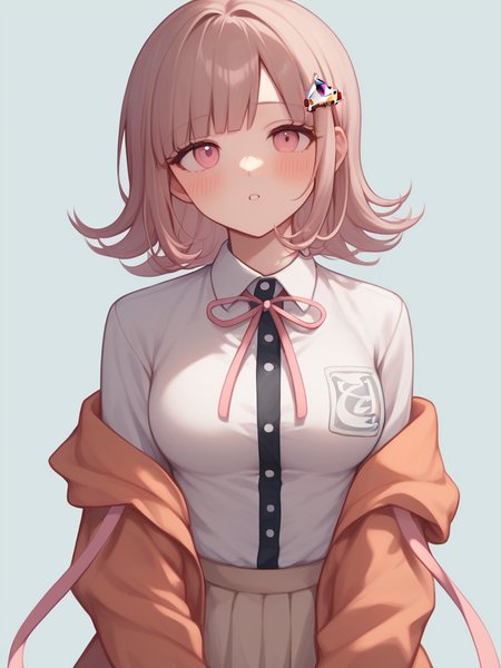 score_9,score_8_up,score_7_up,<lora:danganronpa_all:1>,1girl, character: nanami chiaki, solo, blush, pink eyes, brown hair, flipped hair, medium hair, spaceship hair ornament, breasts, collared shirt, no pants, open jacket, white shirt, hood, long sleeves, neck ribbon, pink ribbon, squeans, untied ribbon