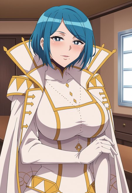 <lora:Medhimama-Tsuujou_Kougeki_ga_Zentai_Kougeki_de_Ni-kai_Kougeki_no_Okaasan_wa_Suki_desu_ka_r1:0.9>,Medhimama,mature female,1girl,solo,blue hair,short hair,blue eyes,mole under mouth,large breasts,cape,white bodysuit,white gloves,blush,looking at viewer, indoors