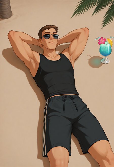 embedding:Illustrious\Positive\IllustriousQual, embedding:Illustrious\Positive\IllusP0s, 1boy, timscam_ts!, brown hair, short hair, green eyes, black tank top, armpit, swim trunks, black sunglasses, arms behind head, lying, on back, beach, sand, palm trees, tropical drink, relaxing, from above, aerial shot, best quality, high resolution, masterpiece.