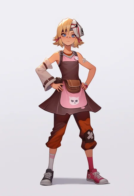 masterpiece, best quality, very aesthetic, absurdres,
1girl, tinytina, blonde hair, short hair, blue eyes, mask on head, bandaid on nose,
apron, detached sleeves, pants, sneakers, 
full body, standing, hands on hips,
looking at viewer, solo, simple background, white background  <lora:TinyTinaNoobXL_byKonan:1>