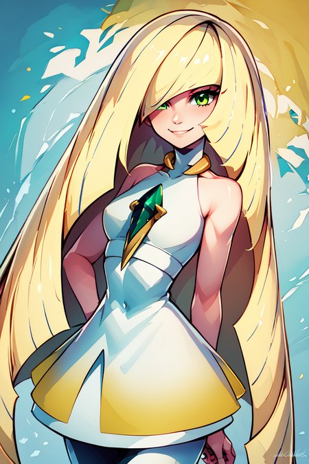 score_9, score_8_up, score_8, medium breasts, (curvy), cute, eyelashes,       ,,, , ,,, zzLusamine, green eyes, hair over one eye, blonde hair, long hair, very long hair, white dress, sleeveless dress, bare arms, bare shoulders, diamond (shape), green gemstone,  <lora:Lusamine_Pokemon_PDXL:1.0>,  ,,,, BREAK, smile, looking at viewer, ,,, abstract background, white outline, cowboy shot, ,,, embedding:zPDXL, Expressiveh, ,,, <lora:CatalystStylePDXL:0.6>, <lora:SDXLFaeTastic2400:0.5>, <lora:Expressive_H-000001:0.4>,