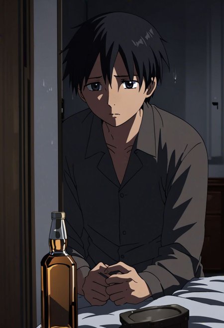 Highres, Masterpiece, High Quality, 4K, 8K, solo, 1Boy, Takaki Toono, adult, black hair, short hair, Sad, share, deep talk, hotel room, dim weather, sitting, weak, facing viewer, complicated, anxious, empty alcohol bottle, self torture, alone, lost, hopeless, hearthless, helpless, easynegative, detailed_eye_model