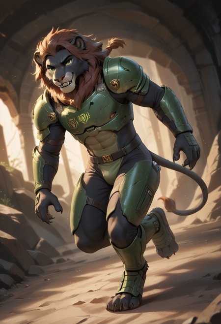 score_9, score_8_up, score_7_up,
1boy, solo, torso view,<lora:Anthro_Lionlioness_PONY_XL:1>,
(anthro lion:1.2),  lion male, black fur, fangs, claws, wearing green sci-fi armor, green Metroid armor, black fur, brown mane,  <lora:Furry_Lora_Panther:0.8>((masterpiece)), ((best quality)), (detailed), cinematic, dynamic lighting, soft shadow, inside a dark cave, , highly detailed, dark environment,, dynamic pose, running, dodging laser fire, blood on armor, dynamic views, dutch angle,