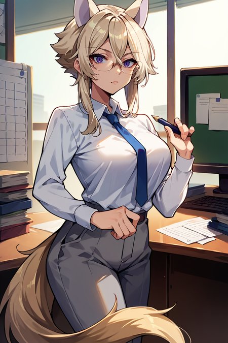 score_9, score_8_up, score_7_up, score_6_up, source_anime, 1girl, solo, <lora:zeta-pdxl-nvwls-v1:1> kageZ, blonde hair, animal ears, tail, large breasts, white shirt, collared shirt, necktie, long sleeves, grey pants, glasses, office, looking at you, holding pen