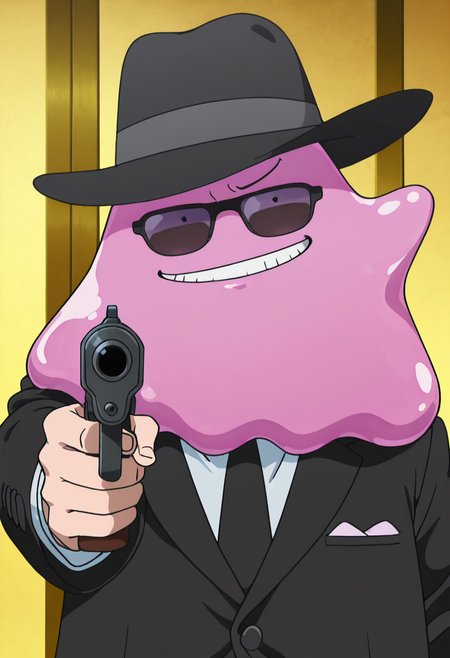 masterpiece, best quality, anime screencap, solo, no humans,   zzDitto, smug, smile, teeth, sunglasses, suit, necktie, black hat, mafia, gun, aiming at viewer,   ,<lora:DittoPokedex_IXL_v1:1.0>,