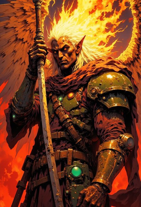 cinematic film still award winning photo .A fallen angel unsheaths his flaming sword to slay his foes. Never again shall gods light illuminate him.Deep depth of field, vignette, highly detailed, high budget, bokeh, cinemascope, moody, epic, gorgeous, film grain, grainy,anime, cyberpunk, Comic book style