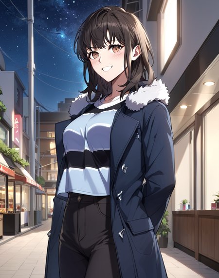 juri_min, black hair, medium hair, brown eyes, striped shirt, fur trim, coat,  shop clothes, pants BREAK outdoors, city, night, starry sky, arms behind back, smile, blush, looking at viewer BREAK score_9, score_8_up, score_7_up, source_anime ,zPDXL, <lora:Juri_Min:0.8>, manhwa, solo