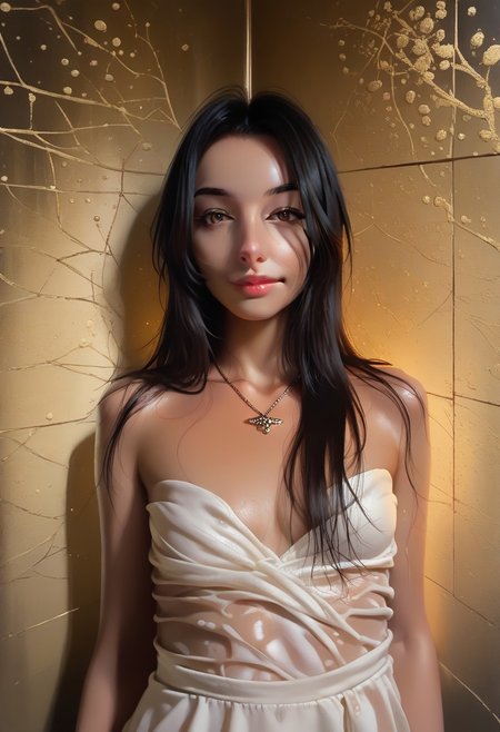 score_9, score_8_up, score_7_up, score_6_up, source_cartoon, 1girl, female, solo, femenine, petite, lean, pale skin,, soaking wet hair, smile, diaphonous white dress, bronze necklace, medium breasts, female focus, official style, close up, perfect anatomy, perfect face, standing,  abstract beauty, beautiful, centered, looking at the camera, approaching perfection, dynamic, moonlight, highly detailed, watercolor painting, artstation, concept art, smooth, sharp focus, illustration, portrait