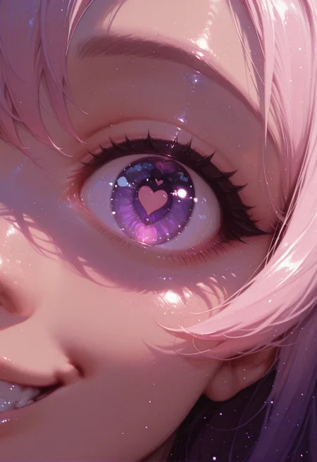 <lora:CivChan:0.75> civchan, 1girl, light pink hair, (eye focus:1.2), eyelashes, close-up, solo, , purple, eyes, looking at viewer, light particles, 1girl, eye reflection, , heart-shaped pupils, grin, out of frame,,, masterwork, masterpiece, best quality, , dynamic pose,,  dynamic angle, , , (realistic:1.2), (lineless:1.2), detailed, <lora:Detailer_NoobAI_Incrs_v1:0.75>, , aged up, adult, depth of field, , blurry, cheekbones, dynamic lighting