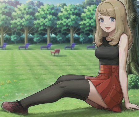 mastrpic,best quality,<lora:SD15LoraCharacterPokemon_v1:1>,sleeveless shirt, red high-waist skirt,thighhighs,shoes,grey eyes,happy smile, side view,forest