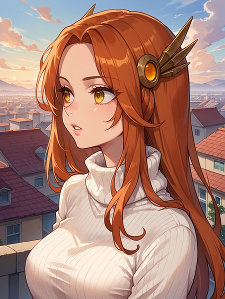score_9, score_8_up, score_7_up,source_anime,BREAK,
Leona_League_of_legends, solo, evening, yellow eyes, looking to the side, parted lips, upper body, turtleneck sweater, rooftop, 
<lora:Leona_League_of_legends:1>