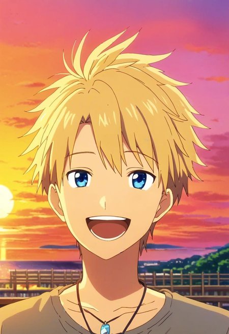 high resolution, solo, best quality, 1Boy, Yamato Ishida, Blond Hair, Blue Eyes, Necklace, laughing, very happy, sunset, looking at viewer,, OverallDetail
