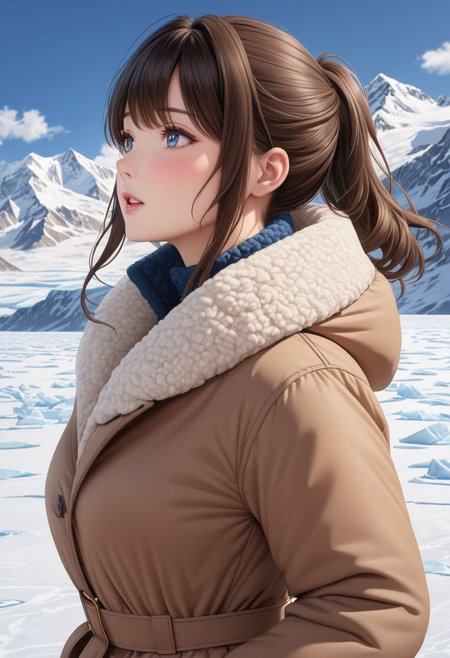 ((((masterpiece)))), ((((best quality)))), ((intricate details)), ((((photorealistic)))), RAW, 8K UHD, (1girl), (office lady), a realistic representation of the face, detailed face, beautiful face, charming, bonny, (erotic face), (long messy brown hair), (blue eyes), ((((Oversized sherpa padded down coat)))), ((walking on icefield)), (cold), dynamic pose, (((blush))), (((heavy breathing))), (((feels orgasm))), wind, (Thick padded collar:1.4), (TSH:1.4), (Thick padded cuffs:1.4)