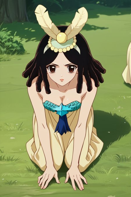 score_9, score_8_up, score_7_up, score_6_up, source_anime BREAK 1girl, solo, <lora:dsamaryllis-pdxl-nvwls-v1-000005:1> dsamaryllis, dreadlocks, medium hair, headdress, detached collar, strapless dress, long dress, cleavage, medium breasts, kneeling, looking at you, all fours, field, trees